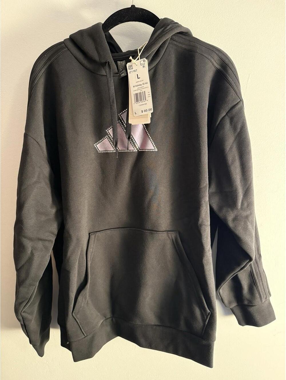 Adidas Hoodie Sweatshirt Black Pullover Holiday Purple Bling L Large NWT